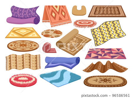 Cartoon woven rugs, textile wool modern carpets. Trendy living room, bedroom or bath interior decor, cozy carpets vector symbols set. Home textile collection Cartoon woven rugs, textile wool modern carpets. Trendy living room, bedroom or bath interior decor, cozy carpets vector symbols set. Home textile collection 96586561