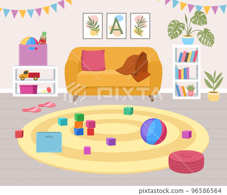 Cartoon children play nursery room, kindergarten interior. Kids playroom with cozy carpet, baby leisure rug room vector illustration. Children playroom furnishing 96586564