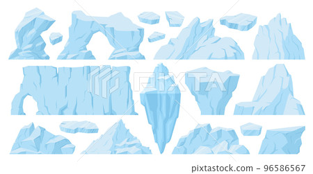 Antarctic cartoon ice, floating glaciers and snow icebergs. Ice crystals, snowy mountains and cracked ice vector symbols illustration set. Frozen ice elements 96586567