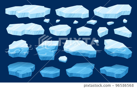 Cartoon floating ice, frozen arctic blocks of ice. Glaciers and icebergs pieces, blue ice crystals floating in water vector symbols illustration set. Antarctic ice melt 96586568