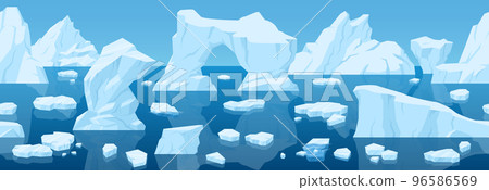 Cartoon arctic iceberg landscape, frozen ice seamless background. Winter snow ice view, cold blue glaciers landscape vector illustration. Antarctic ice panoram Cartoon arctic iceberg landscape, frozen ice seamless background. Winter snow ice view, cold blue glaciers landscape vector illustration. Antarctic ice panoram 96586569