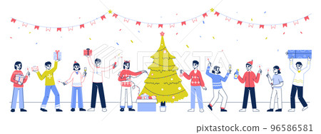 Christmas celebrating, people decorating xmas tree and give presents. Winter holidays, Christmas and New Year celebration happy characters isolated vector illustration. Christmas people banner Christmas celebrating, people decorating xmas tree and give presents. Winter holidays, Christmas and New Year celebration happy characters isolated vector illustration. Christmas people banner 96586581