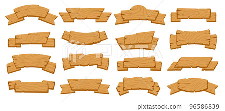 Cartoon wooden ribbons, rustic blank sign boards and ribbon planks. Rustic wooden ribbon planks, vintage curved banners vector illustrations set. Wooden ribbons signs 96586839
