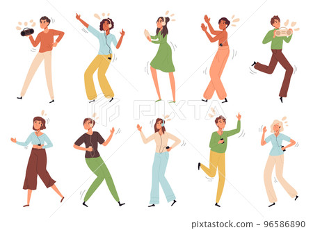 People listening music, man and woman dancing with headphones. Characters listen favorite song with earphones flat vector illustration set. Joyful music lovers 96586890