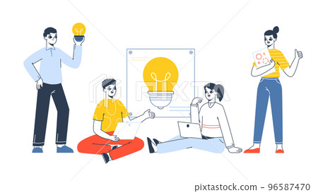 People searching creative idea, brainstorming concept. Creative thinking and good idea searching team vector background illustration. Brilliant idea generating 96587470