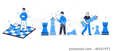 People with chess, business strategy players, pieces. Business characters playing giant chess, tactics and planning strategy vector background illustration. Chess game concept 96587471