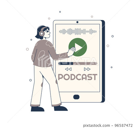 Person listening audio podcast or interview talk show Person listening audio podcast or interview talk show 96587472