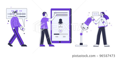 Podcast listeners and radio hosts outline flat characters. Podcast interview broadcast, audio talk show vector symbols illustration set. People listen podcast records 96587473
