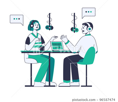 Podcast radio host, interview talk show recording. Outline audio podcast characters flat vector symbols illustration. Online interview conversation recording Podcast radio host, interview talk show recording. Outline audio podcast characters flat vector symbols illustration. Online interview conversation recording 96587474