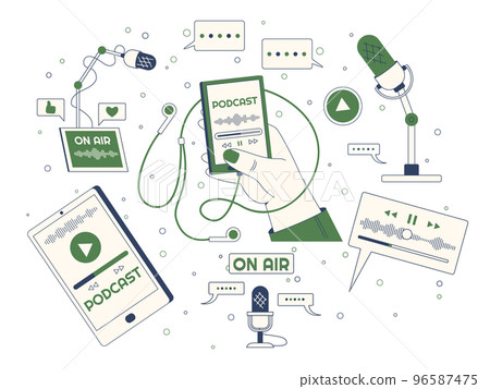 Podcast recording outline elements, microphone, equaliser, gadgets with broadcast 96587475