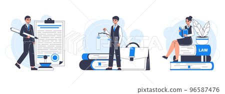 Professional lawyers, litigation, punishment and justice system workers. Law firm service, litigation support and consultation flat vector illustration set. Lawyers characters scene 96587476