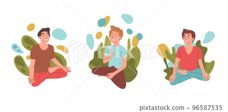 Relaxing male meditating characters, peaceful lotus pose yoga meditation. Cartoon people breath training, and yoga practice vector symbols illustrations set. Peaceful yoga meditation 96587535