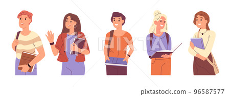 Young college or high school students standing together with books. Girls and boys holding educational literature, smiling young people cartoon vector illustration. Cheerful teenagers group 96587577