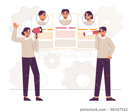 Recruitment, job seekers characters, we are hiring outline concept. Job searching, HR managers checking new vacancy candidates profiles flat vector illustration. Hiring process 96587582