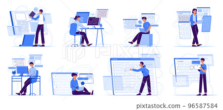Software developers, programmers and IT engineers characters. Coding, testing and it development, programmers work with computers flat vector illustration set. Programmer development 96587584