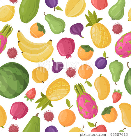 Cartoon fruits and vegetables seamless pattern, watermelon, banana, pineapple. Summer fruits and veggies, persimmon, pear and dragon fruit. Organic fruits vector seamless pattern 96587613