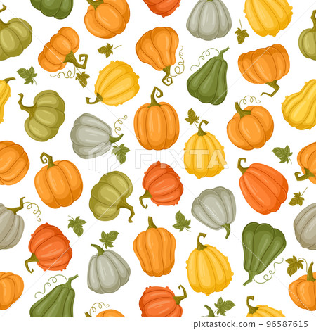 Cartoon halloween pumpkins seamless pattern, autumn harvesting gourds. Halloween or thanksgiving party pumpkins decorations vector background illustration. Orange pumpkins endless design 96587615