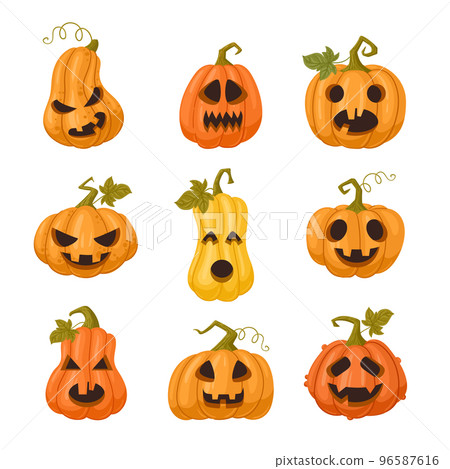 Cartoon halloween pumpkins, spooky carved faces, holiday pumpkins decorations. Scary jack-o-lanterns, Halloween gourd ghost faces vector symbols set. Autumn holidays pumpkins characters 96587616