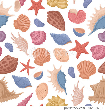 Cartoon marine sea shells, starfish and corals seamless pattern. Underwater fauna, scallops, mollusks and shellfishes vector background illustration. Seashells endless design pattern Cartoon marine sea shells, starfish and corals seamless pattern. Underwater fauna, scallops, mollusks and shellfishes vector background illustration. Seashells endless design pattern 96587619