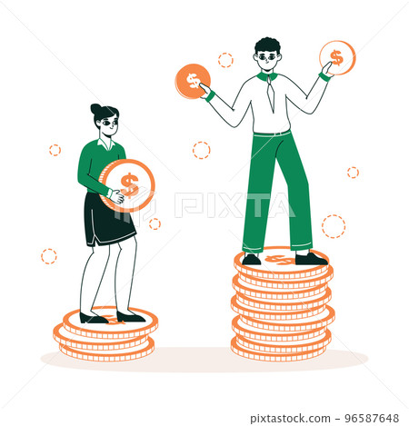 Gender salary gap, businessman and businesswoman wage inequality. Office workers standing on dollar coins stacks, female job discrimination flat vector illustration. Sexism and gender inequality 96587648
