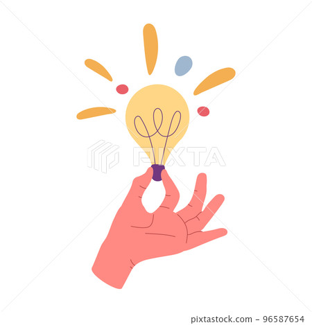 Hand holding glowing light bulb, shiny bulb idea metaphor. Solution, innovation and creative idea cartoon vector illustration. Great thought concept 96587654
