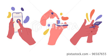 Hands holding smartphones, fingers scrolling and tapping gadgets screen. Cartoon human hands using devices vector symbols set. Hands holding cellphones 96587655