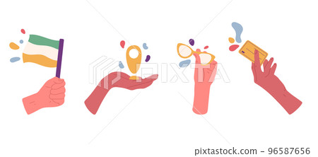 Hands holding traveling items, flag, sunglasses, pin and credit card. Cartoon human hands with different vector symbols. People holding in hands various items 96587656