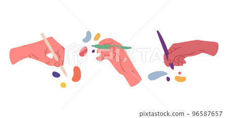 Hands writing or painting with pencil, pen, stylus. Human hands with painting tools cartoon vector illustration. Creative writers and artist drawing 96587657