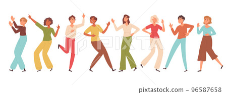 Happy dancing people, men and women moving to music. Male and female dancers characters dancing and enjoying disco party flat vector illustration set. Dancing humans collection 96587658