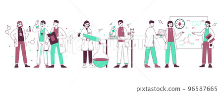 Medical science laboratory, biotechnology researching work team. Scientist characters doing lab chemical experiment vector symbols illustration set. Biology science lab scenes 96587665