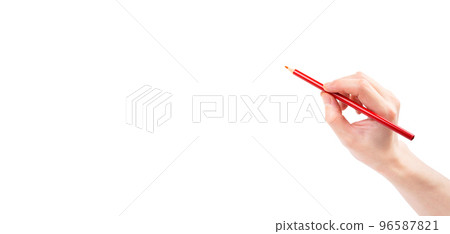 Hand holding a red pencil _ Image written with a red pencil _ White background Hand holding a red pencil _ Image written with a red pencil _ White background 96587821