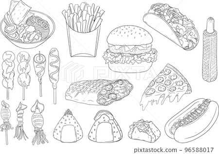 Vector hand drawn fast food set. Coloring pages with food Vector hand drawn fast food set. Coloring pages with food 96588017