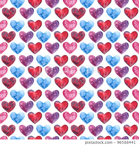 valentine's day. Seamless pattern on a white background and watercolor hearts, blue, burgundy, pink flowers hand-painted in watercolor. Suitable for printing on wallpaper, postcards and scrapbooking valentine's day. Seamless pattern on a white background and watercolor hearts, blue, burgundy, pink flowers hand-painted in watercolor. Suitable for printing on wallpaper, postcards and scrapbooking 96588441