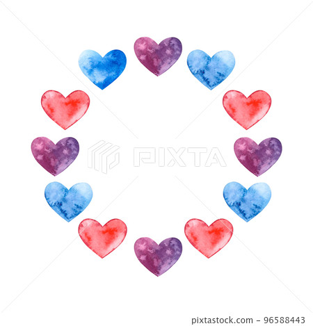 valentine's day. A circle of watercolor hearts, blue, burgundy, pink flowers hand-painted in watercolor and arranged in a circle. Suitable for printing on wallpaper, postcards and scrapbooking 96588443