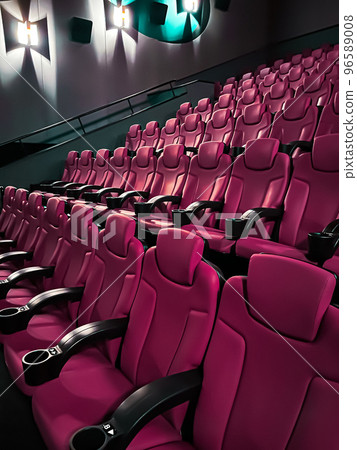 Cinema and entertainment, empty pink movie theatre seats for tv show streaming service and film industry production branding 96589008