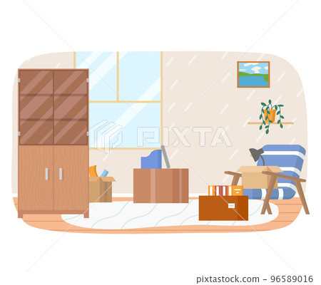 Living room interior. Premice with bookcase and chair, decor accessories furniture in room for rest Living room interior. Premice with bookcase and chair, decor accessories furniture in room for rest 96589016