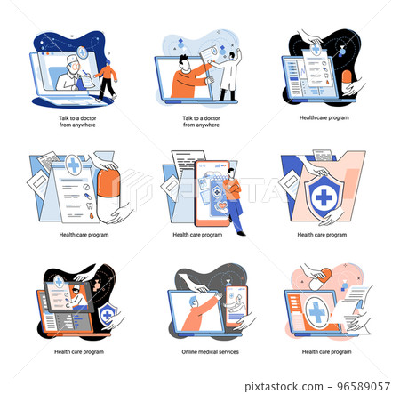 Mobile medicine. Online medical services metaphor, health care program, talk to doctor from anywhere Mobile medicine. Online medical services metaphor, health care program, talk to doctor from anywhere 96589057