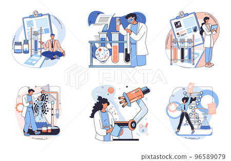 Medical research. Laboratory diagnostic services, medical device design and development scenes set metaphor 96589079