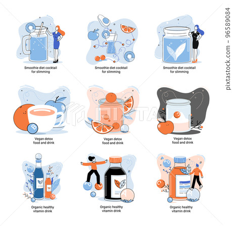 Organic vitamin drink as healthy diet cocktail for slimming tiny person. Vegan detox food and liquor metaphor Organic vitamin drink as healthy diet cocktail for slimming tiny person. Vegan detox food and liquor metaphor 96589084