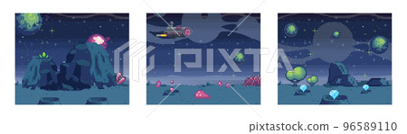 Cosmic scenes set in pixel art. Pixelated location for game or application, space and spaceship 96589110