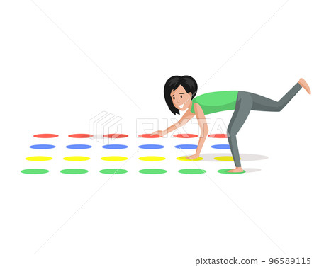 Young woman playing twister, summer time vacation and spare time, happy child laughing positive game 96589115