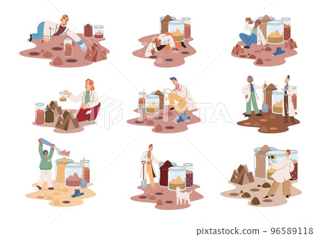 Soil analysis and earth pollution or structure control. Scientist measuring ground levels status metaphor 96589118
