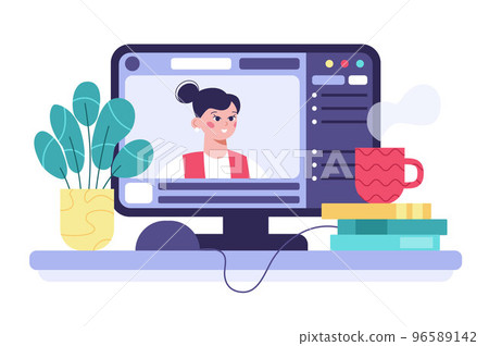 Concept of e-learning, online education. Screen of pc with website platform and teacher or tutor. 96589142