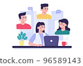 Group of people communicate via video call. Online meeting or conference. 96589143
