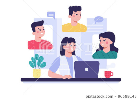 Group of people communicate via video call. Online meeting or conference. 96589143