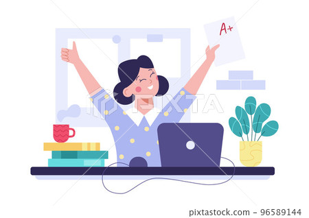 Concept of knowledge and education. Student girl happy with an excellent mark. 96589144