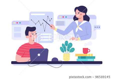 Concept of e-learning platform and distance learning. Student learning on laptop. Teacher or tutor on display. 96589145