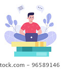 Man sit on books with laptop on background with plants. Concept of online learning. 96589146