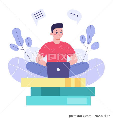 Man sit on books with laptop on background with plants. Concept of online learning. 96589146