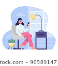 A woman is sitting on a chair with a phone in her hands on the background of room interior. Flat vector illustration. 96589147